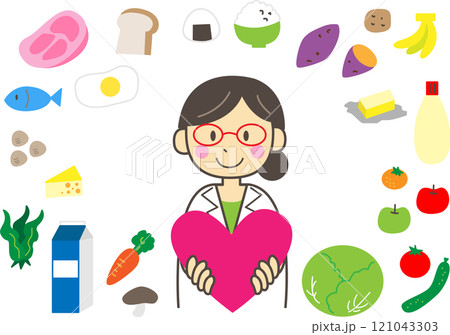 ハートを持つ白衣の女性と色々な食品 ハートを持つ白衣の女性と色々な食品 121043303