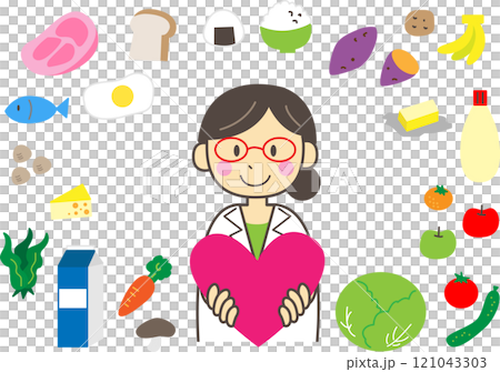 ハートを持つ白衣の女性と色々な食品 ハートを持つ白衣の女性と色々な食品 121043303