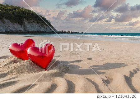 Two red hearts on the beach symbolizing love, Valentine s Day, Calm ocean in the background 121043320