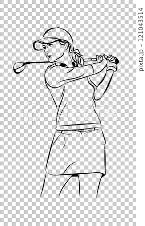 A graceful female golfer captured in a moment of perfect balance, showcasing her skill and technique through elegant line art A graceful female golfer captured in a moment of perfect balance, showcasing her skill and technique through elegant line art 121043514