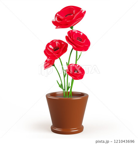 Red poppy in flower pot 3d render icon. Wildflower bouquet in flowerpot or vase for garden or home interior decor. Decorative house plant, floral bunch with green leaf and blossom. 3D illustration 121043696