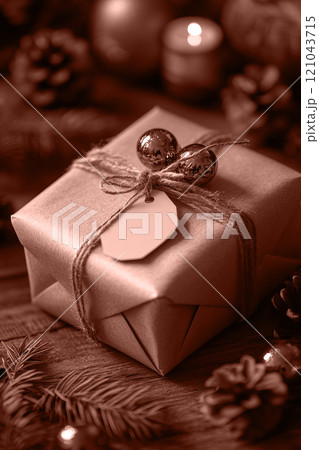 Christmas wrapped presents on rustic wooden. 121043715