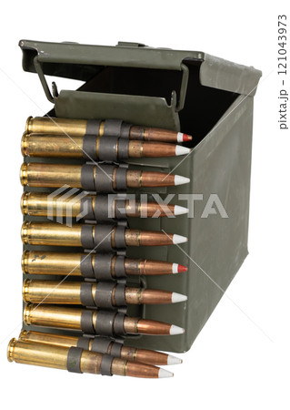 .50 BMG caliber machine gun ammunition belt with cartridges in ammunition can. 121043973