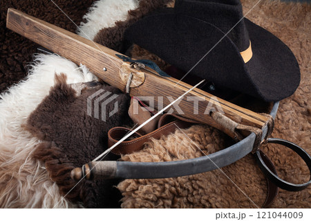 vintage medieval crossbow on fur background 121044009