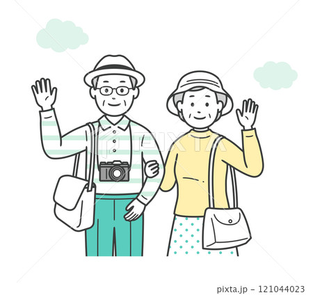 仲の良い老夫婦が旅行先で楽しんでいる上半身イラスト 121044023