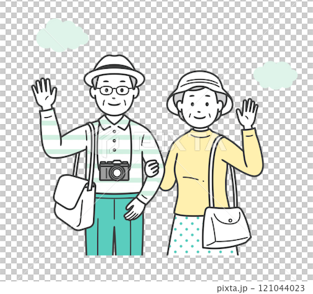 仲の良い老夫婦が旅行先で楽しんでいる上半身イラスト 121044023