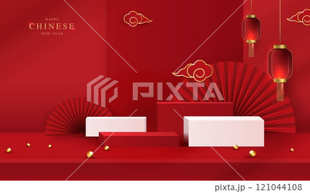 Chinese new year 2025 year of the snake for product. podium, backdrop, products showcase and promotion display on red background. lunar new year concept. vector design. Chinese new year 2025 year of the snake for product. podium, backdrop, products showcase and promotion display on red background. lunar new year concept. vector design. 121044108