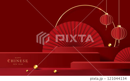 Chinese new year 2025 year of the snake for product. podium, backdrop, products showcase and promotion display on red background. lunar new year concept. vector design. 121044134