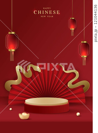 Chinese new year 2025 year of the snake for product. podium, backdrop, products showcase and promotion display on red background. lunar new year concept. vector design. 121044136