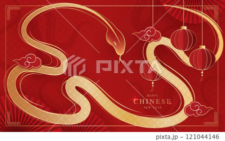 Chinese new year 2025 of the snake banner template design with snake, chinese lantern and chinese fan red background. red traditional chinese vector design with snake. 121044146