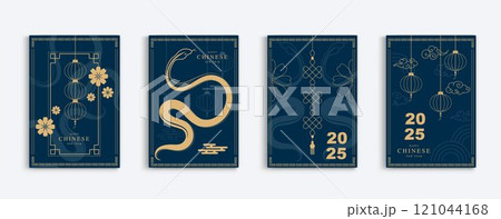 Chinese new year 2025 modern art design set in blue gold background. Lunar new year 2025 for cover, card, poster website, calendar and banner. symbol of of the snake. vector design. 121044168