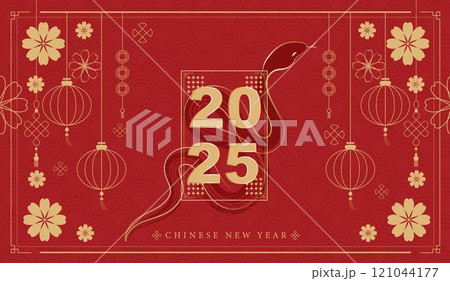 Chinese new year 2025 of the snake banner template design with snake, chinese lantern and chinese fan red background. red traditional chinese vector design with snake. 121044177