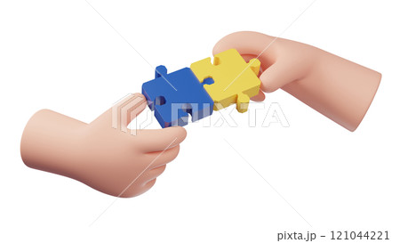 3D jigsaw puzzle pieces. Hand holding puzzle pieces. Symbol of teamwork. Business solutions, success and strategy concept. 121044221
