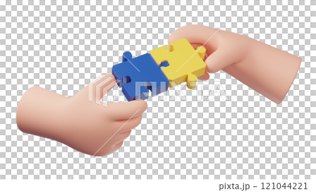 3D jigsaw puzzle pieces. Hand holding puzzle pieces. Symbol of teamwork. Business solutions, success and strategy concept. 121044221