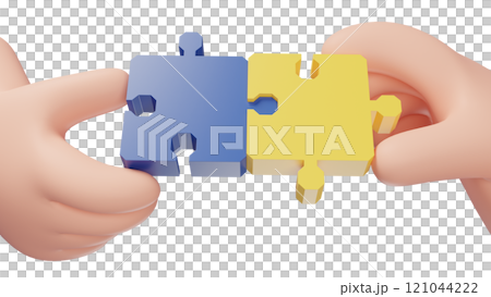 3D jigsaw puzzle pieces. Hand holding puzzle pieces. Symbol of teamwork. Business solutions, success and strategy concept. 121044222