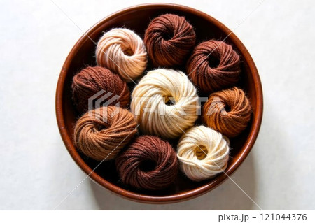 Yarn for Knitting, top view. Bowl with Yarn, stands on a white table. Cocoa, Coffee and Creamy colors. Lifestyle and hobbies 121044376