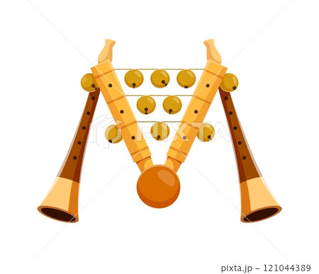 Flute and bell tambourine musical instrument font M letter. Acoustic woodwind instrument latin alphabet symbol, sound festival music equipment English ABC vector element, font or typeset letter 121044389