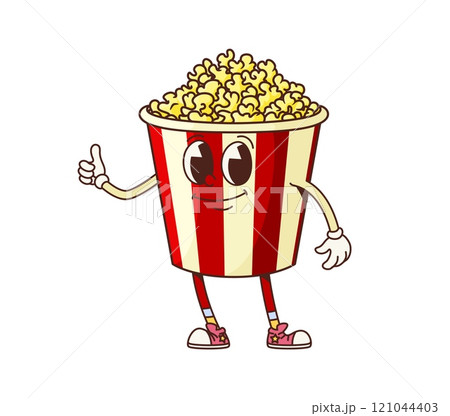 Groovy fast food popcorn bucket retro cartoon character with thumb up, vector emoji. Groovy popcorn bucket with funny face for fast food or cinema snacks and kids menu character in retro cartoon 121044403