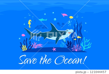 World oceans day banner with hammerhead shark in underwater, vector background. World Oceans Day banner for sea ecology environment conservation, underwater animals and coral reef fishes protection World oceans day banner with hammerhead shark in underwater, vector background. World Oceans Day banner for sea ecology environment conservation, underwater animals and coral reef fishes protection 121044457