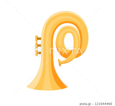 French horn musical instrument font P letter. Band classic equipment font typeset symbol, orchestra brass musical instrument or sound festival horn latin alphabet vector letter, English ABC element 121044460