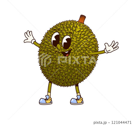 Cartoon groovy durian fruit, funny character with happy smiling face, vector funky comic. Groovy retro cartoon tropical fruit durian with smile and silly expression and good vibe relax gesture 121044471