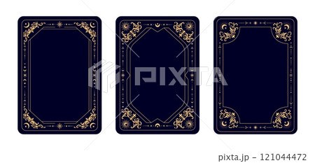 Tarot cards frames with magic esoteric and celestial symbols, vector backgrounds. Tarot cards decks covers design with golden line frame of sun and moon with stars and magic mystic esoteric ornaments 121044472