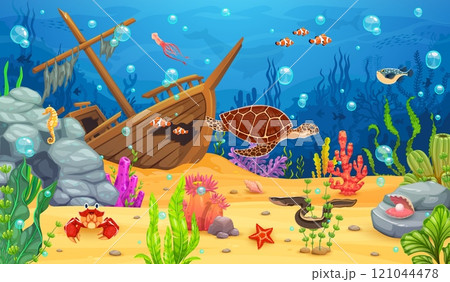 Cartoon underwater landscape game background with sunken ship and turtle, fish shoals and sea animal characters, vector UI asset. Funny sea turtle, squid, crab and seahorse at underwater landscape Cartoon underwater landscape game background with sunken ship and turtle, fish shoals and sea animal characters, vector UI asset. Funny sea turtle, squid, crab and seahorse at underwater landscape 121044478