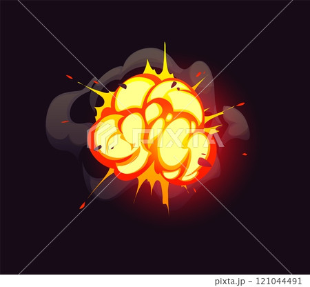 Cartoon boom cloud, bomb blast explosion effect, comic fire and smoke. Vector dynamic vivid orange and yellow bursts of fire, dynamite burst or the atomic war impact surrounded by black smoke clouds 121044491