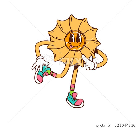 Cartoon groovy cookie, pastry and bakery character with a circular shape and ruffled edges. Isolated vector fun and energetic biscuit retro personage joyfully posing with playful face and tongue out 121044516