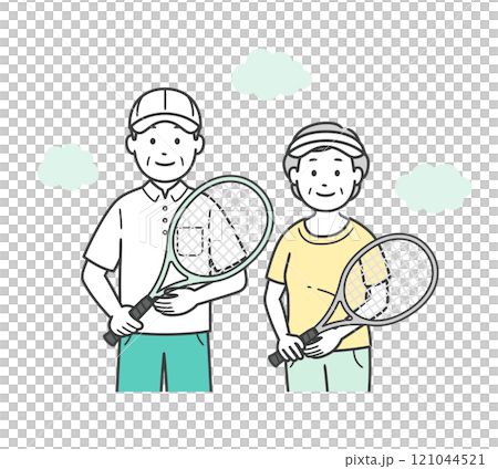 趣味のテニスを楽しむ高齢夫婦の上半身イラスト 121044521