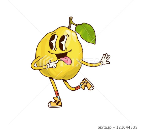 Groovy tropical quince fruit character in a playful pose. Cartoon vector fun and smiling personage with green leaf, quirky facial expression, sticking tongue, smiling and showing positive funky vibes 121044535