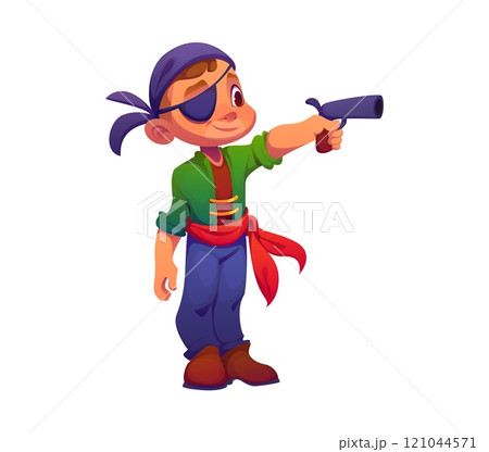 Cartoon kid boy pirate, corsair character in carnival party costume with a gun. Vector happy child buccaneer personage in bandana and an eyepatch. Isolated baby freebooter or picaroon prepare to shoot 121044571