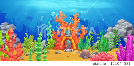 Cartoon sea underwater landscape with reef coral house, game background. Vector gaming location level with vibrant reefs, marine flora and enchanting aquatic life, captures the beauty of ocean depths 121044581