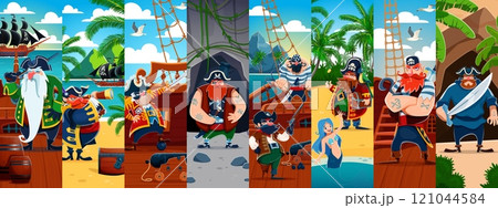 Cartoon pirate sailors and corsair characters collage of captain skipper, vector background. Caribbean adventure collage with pirate ship at treasure island, mermaid siren and corsair sailor with gun Cartoon pirate sailors and corsair characters collage of captain skipper, vector background. Caribbean adventure collage with pirate ship at treasure island, mermaid siren and corsair sailor with gun 121044584