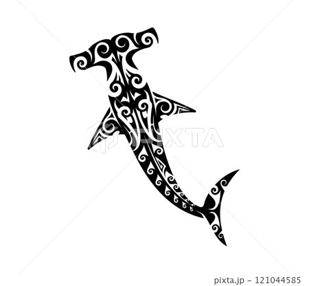 Maori tribal hammerhead shark animal tattoo. Samoan tribe sea animal pattern vector symbol, New Zealand culture ocean life or Hawaiian ethnic marine nature tattoo. Polynesian Maori tribal shark print 121044585