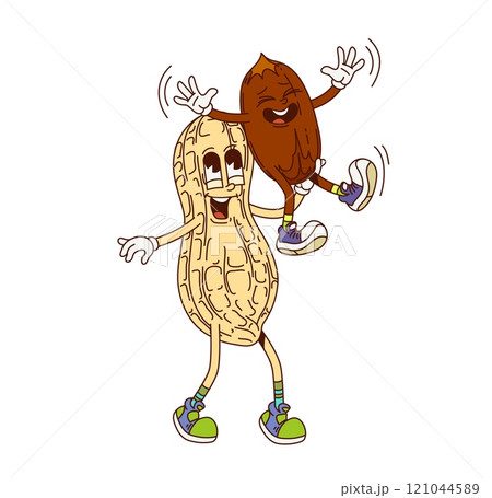 Groovy peanut characters, cartoon pod and nut enjoying a playful moment together. Isolated vector retro food personages with expressive faces convey fun and friendship, happiness and funky vibes Groovy peanut characters, cartoon pod and nut enjoying a playful moment together. Isolated vector retro food personages with expressive faces convey fun and friendship, happiness and funky vibes 121044589