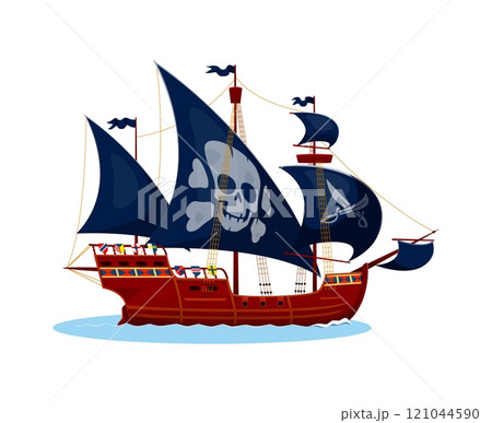 Pirate ship sailing in calm waters. Isolated cartoon vector corsair vessel features dark sails adorned with skull and crossbones, evokes adventure, the allure of the sea, and mystery of pirate lore 121044590