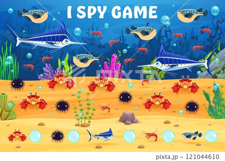 I spy game worksheet with underwater sea animals. Vector educational activity, riddle for spotting cartoon crabs, fish, swordfish, urchin and pufferfish on the ocean bottom, enhancing counting skills I spy game worksheet with underwater sea animals. Vector educational activity, riddle for spotting cartoon crabs, fish, swordfish, urchin and pufferfish on the ocean bottom, enhancing counting skills 121044610