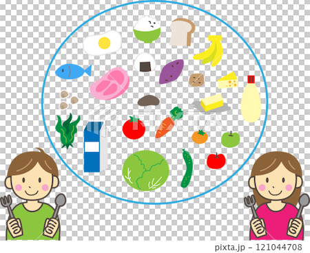 Various foods and boys and girls Various foods and boys and girls 121044708