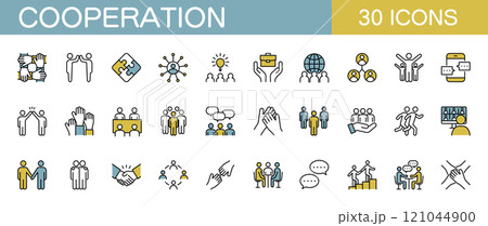 協力に関するラインアイコンセット　ビジネスやチャリティーなど　カラー 121044900
