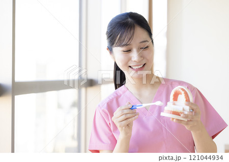歯磨き指導をする歯科衛生士 121044934
