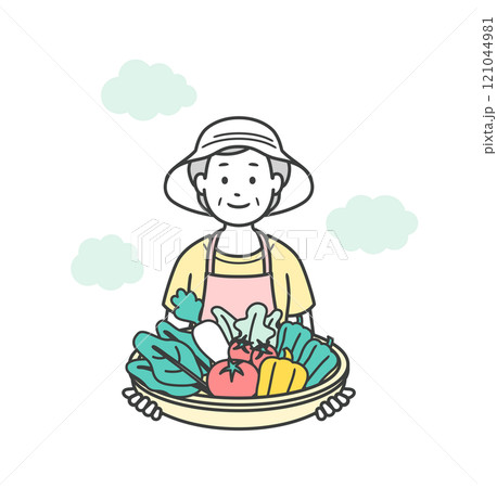 家庭菜園で収穫した野菜を持っている高齢女性の上半身イラスト 121044981