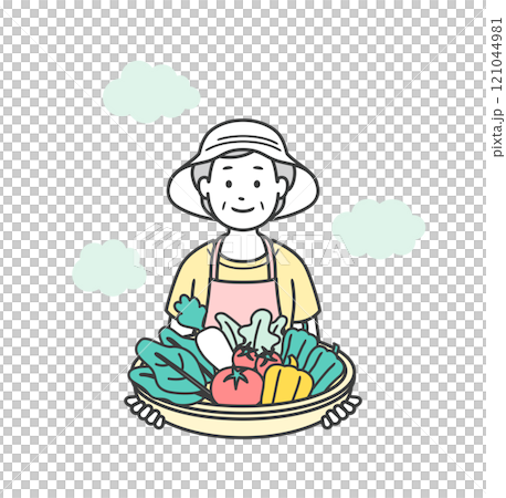 Illustration of an elderly woman holding vegetables harvested from her home garden Illustration of an elderly woman holding vegetables harvested from her home garden 121044981