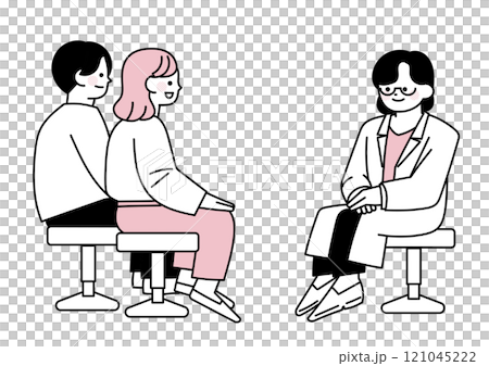 産婦人科医に話を聞いてもらっている若い夫婦 産婦人科医に話を聞いてもらっている若い夫婦 121045222