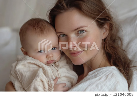 A beautiful woman holding a baby at home. Loving happy mom and her child, mother's day concept A beautiful woman holding a baby at home. Loving happy mom and her child, mother's day concept 121046009