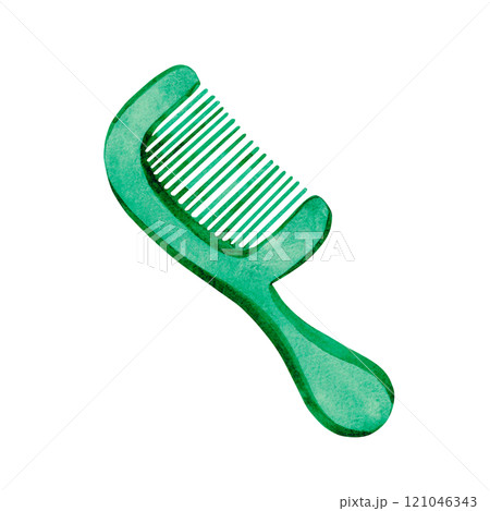Illustration of an accessory - a comb. Made in watercolor technique. Green hair comb, the drawing is done by hand Illustration of an accessory - a comb. Made in watercolor technique. Green hair comb, the drawing is done by hand 121046343