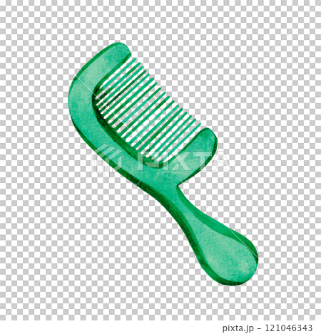 Illustration of an accessory - a comb. Made in watercolor technique. Green hair comb, the drawing is done by hand Illustration of an accessory - a comb. Made in watercolor technique. Green hair comb, the drawing is done by hand 121046343