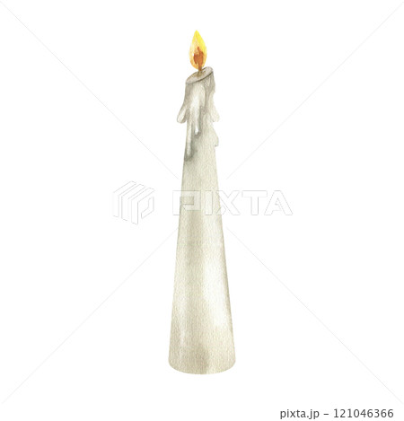 White candle with flame watercolor illustration. Hand drawn burning cozy home and interior element, wax object clipart for Easter, Christmas and wedding ceremony invitation, poster, card design White candle with flame watercolor illustration. Hand drawn burning cozy home and interior element, wax object clipart for Easter, Christmas and wedding ceremony invitation, poster, card design 121046366