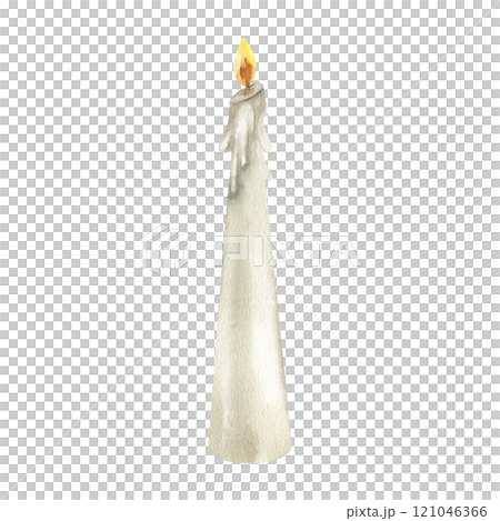 White candle with flame watercolor illustration. Hand drawn burning cozy home and interior element, wax object clipart for Easter, Christmas and wedding ceremony invitation, poster, card design White candle with flame watercolor illustration. Hand drawn burning cozy home and interior element, wax object clipart for Easter, Christmas and wedding ceremony invitation, poster, card design 121046366