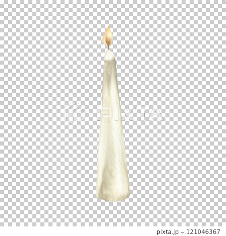 Wax candle with burning flame watercolor isolated element. Hand drawn white scandy candle for interior, home decor. Spa and wellness poster, business card, web design. Religion and church symbol 121046367